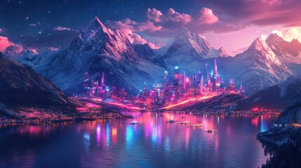 Futuristic city nestled in snowy mountains, reflecting in a calm lake at night.