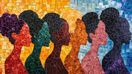 diverse female empowerment mosaic artwork featuring multiple women silhouettes against contemporary colorful backgrounds celebrating unity and strength