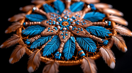 A vibrant, intricately designed dreamcatcher featuring blue feathers, beads, and a detailed woven pattern against a dark background.