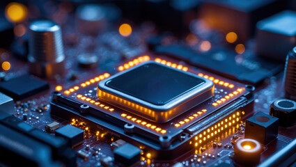 Obraz premium Illuminated Microprocessor on Motherboard with Intricate Circuit Design