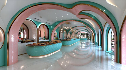 A modern, pastel-colored cafe interior featuring curved architecture, bright lighting, and elegant design, inviting a cozy atmosphere.
