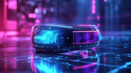 Futuristic smart ring displaying data on holographic screen.