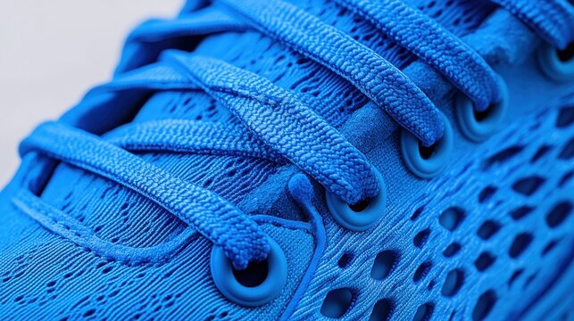 Close-up of vibrant blue athletic shoe laces and breathable mesh fabric. Ideal for sports apparel websites, fitness blogs, or shoe store ads.