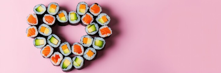 Valentine's day. Set with heart-shaped rolls for lovers on Valentine's day. February 14. Delicious and healthy Japanese cuisine. Love sushi. Website copyspace banner
