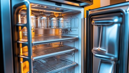 Obraz premium Stainless Steel Refrigerator with Empty Shelves and Warm Lighting