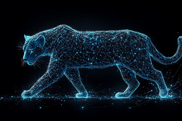 Glowing wireframe of a leopard on a transparent background, highlighted by a combination of blue and black data points, symbolizing technology and wildlife.

