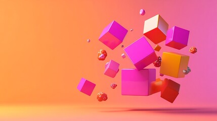 Abstract 3D Composition with Floating Cubes and Spheres