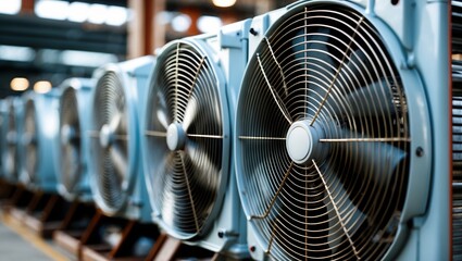 Industrial Cooling Fans in Warehouse with Blue Metal Casing