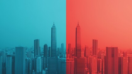 Fototapeta premium A vibrant split-image of a city skyline, with one side in cool blue tones and the other in warm red hues.