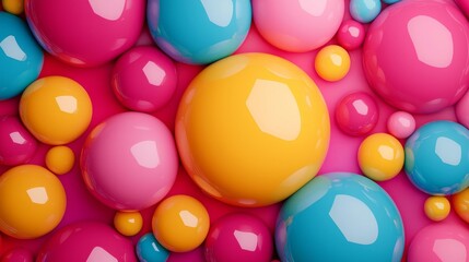 A vibrant arrangement of colorful spheres in pink, blue, and yellow, creating a playful and cheerful visual effect.