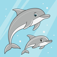 Obraz premium Realistic baby dolphin swimming beside its mother in a serene ocean scene, perfect for marine-themed projects.
