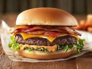 classic american hamburger composition on rustic wooden table with professional food photography lighting and styling