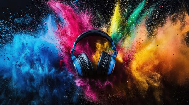 dynamic headphones immersed in an explosion of vivid color powders, symbolizing the vibrancy of music and festival culture, creating a lively and energetic atmosphere full of rhythm and creativity