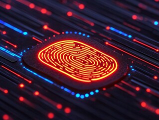 A vibrant digital fingerprint glows against a backdrop of blue and red lines, symbolizing security and technology in modern devices.