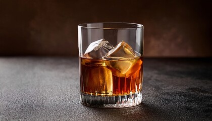 Glass of whiskey with ice on a textured dark backdrop