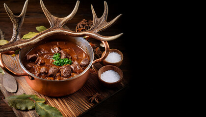 copper pot containing venison goulash stew with seasoning bowls on a wooden surface surrounded by deer antlers and leaves