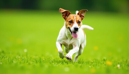 Jack Russell Terrier running freely in green field, green, terrier, field