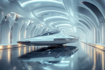 A futuristic, elegant spaceship is depicted in a dark, modern underground garage tunnel, with glossy columns and a white glow creating an empty, 3D-rendered space 