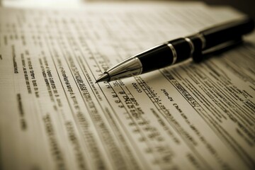 Fototapeta premium Pen poised over detailed document; preparing to sign.