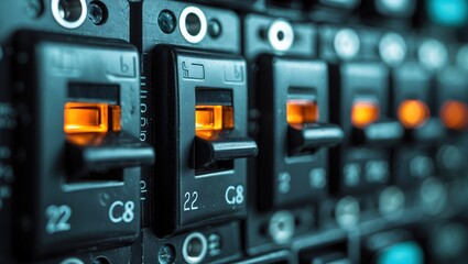Fototapeta premium Illuminated Circuit Breaker Panel: Control & Connectivity