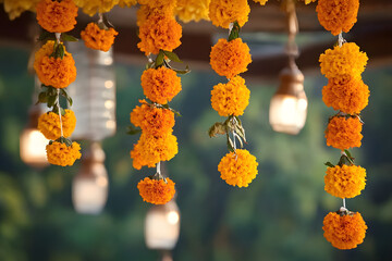 Traditional Indian floral garland toran made of marigold or zendu flower decorated temple or home. Happy Diwali festival, Pongal or Gudi Padwa. Decoration for Indian hindu holiday, wedding