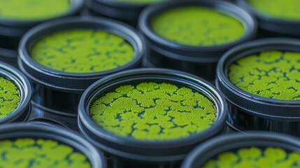 Naklejka premium A close-up of small, round containers filled with vibrant green substance, showcasing a textured surface, possibly algae or a similar organic material.