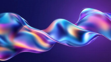 flowing holographic liquid glass ribbon with dynamic curves and ethereal movement, creating a mesmerizing 3d design element in iridescent blue and purple gradients