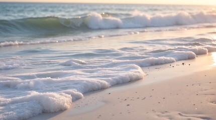 Serene Sunset Beach Waves: Gentle ocean waves caress the shore at sunset, creating a peaceful and tranquil atmosphere.