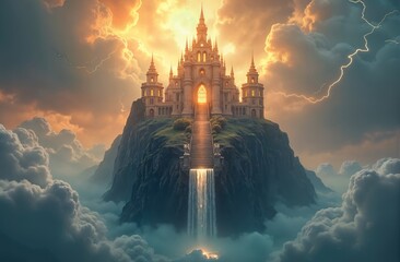 Radiant Castle on a Cloud-Covered Mountain with Waterfall and Dramatic Sunset