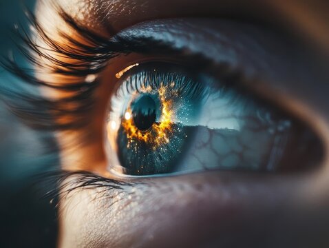 cosmic galaxy reflection in human eye creating surreal universal connection between macrocosm and microcosm in futuristic artistic style