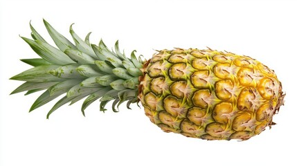 fresh whole pineapple with vibrant yellow-golden color and green crown leaves isolated on pure white background, perfect for commercial use
