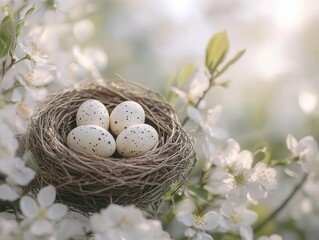 Obraz premium delicate bird's nest construction with natural materials holding three speckled eggs among spring blossoms and soft morning light
