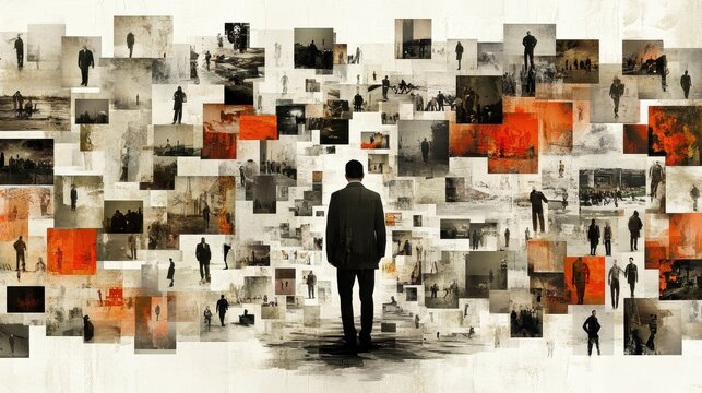 A man stands before a fragmented collection of urban and industrial scenes reflecting on memories or choices. Suitable for themes of reflection memory and decision-making.