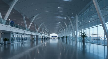 Obraz premium futuristic airport terminal, expansive glass ceiling, glowing blue lighting, symmetrical architecture, reflective floors, empty concourse, sci-fi atmosphere, long hallway perspective, curved roof desi