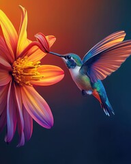 Obraz premium A vibrant hummingbird feeding on a colorful flower, showcasing nature's beauty.