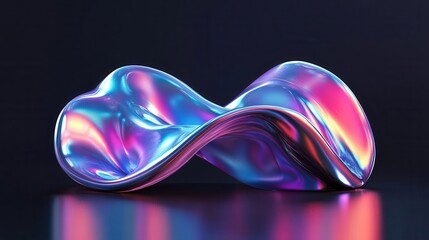 iridescent liquid metal abstract form with dynamic light reflections and color shifts, 3d rendered digital art on dark background