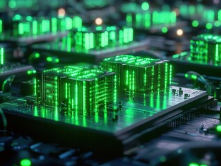 Obraz premium digital cryptocurrency mining farm with glowing circuit boards and binary code matrix, futuristic technology network visualization banner