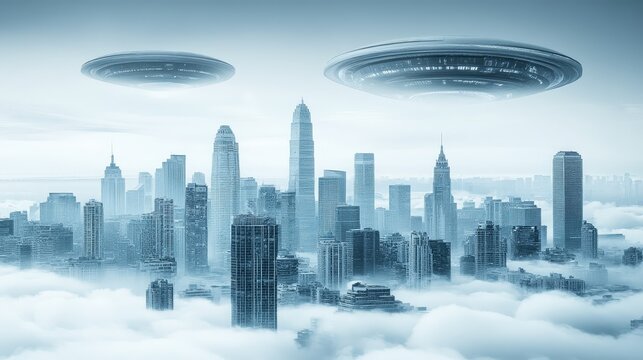 Two UFOs hover above a futuristic city shrouded in fog. Ideal for sci-fi, fantasy, or mystery book covers or movie posters.