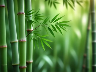 Green bamboo stalks and leaves grow in a lush forest during daylight hours showcasing nature's...