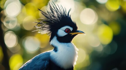 Fototapeta premium majestic bird portrait with striking black and white plumage and distinctive yellow beak against soft natural bokeh background, wildlife photography