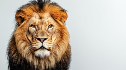 Fototapeta premium majestic male lion portrait with detailed mane against pure white background in professional studio lighting