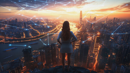 Abstract business woman stands on the peak of success amid tall, innovative Smart city and graphs with statistics to analyze business potential and predict future developments in company growth.