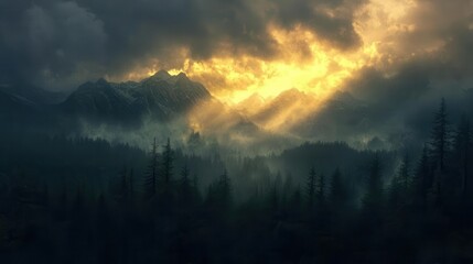 majestic mountain forest landscape with golden sunbeams breaking through dramatic storm clouds during vibrant sunset hour