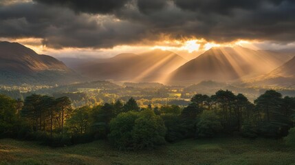 Fototapeta premium majestic mountain forest landscape with golden sunbeams breaking through dramatic storm clouds during vibrant sunset hour