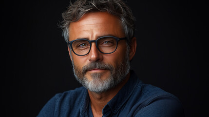 Obraz premium Charismatic, masculine man with glasses and beard, middle-aged, black background