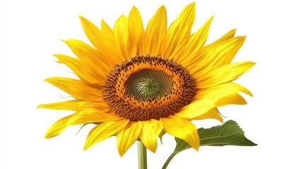 Fototapeta premium majestic single sunflower head with vibrant yellow petals and rich brown center isolated on pure white background, perfect for design projects