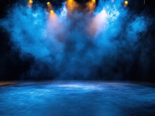 dramatic theater stage spotlight illuminating empty performance space with atmospheric fog and rich colored backdrop for theatrical productions