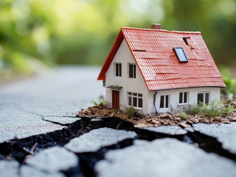 Miniature house on cracked road, symbolizing land subsidence or earthquake damage.