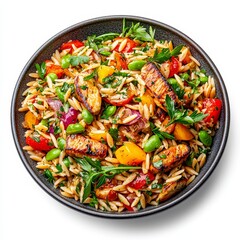 Vibrant dish of orzo pasta mixed with grilled vegetables and fresh herbs, showcasing a colorful, healthy meal option.
