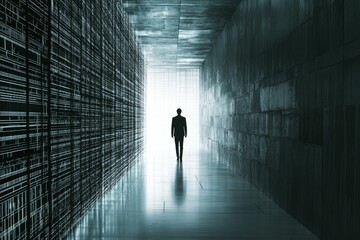 Fototapeta premium Person walks toward light in data-filled corridor.